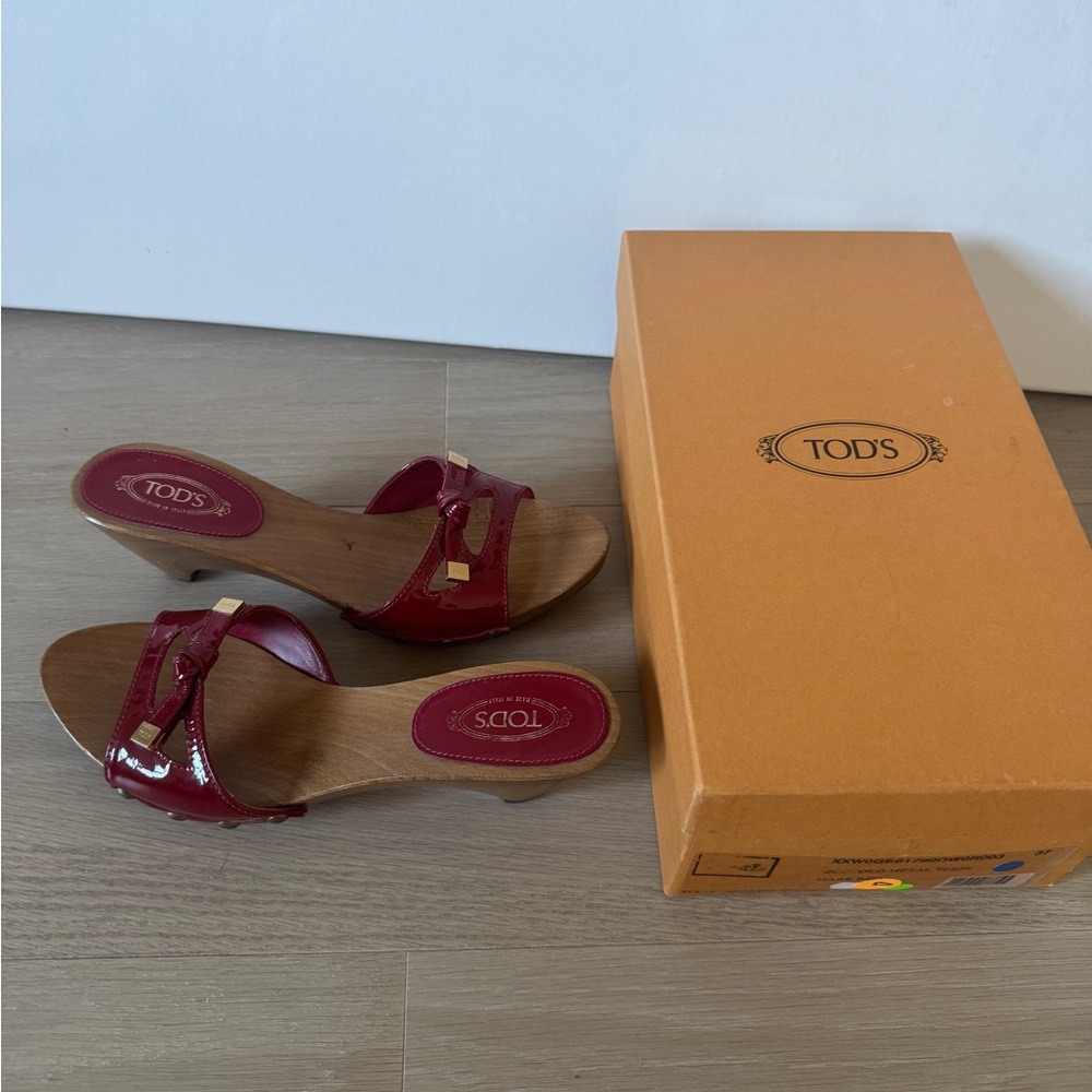 Tod's Women's Red wood clog style Slide Sandals